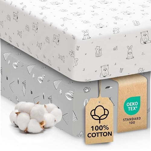 Cotton Crib Sheets 2 Pack – Sweety Fox Mini Fitted Sheets for Baby Boys and Girls, Soft Jersey Knit for Crib or Toddler Bed, Woodland Print - Image 1