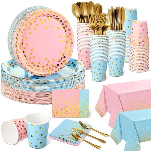 Tegeme 256 Pcs Pink and Blue Gender Reveal Party Supplies Disposable Paper Plate Napkin Cup Gold Dot Plastic Tablecloth Fork Knives Spoon Serve 36 Guest for Easter Baby Shower Birthday Decoration - Pink, Blue, Gold - Gold Dot - Image 1