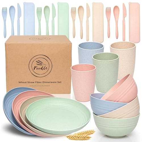 FOODLE Wheat Straw Dinnerware Set - BPA Free & Safety Tested - Dishwasher & Microwave Safe - Toddler & Kids Plates and Bowls Sets - Plastic Plates Reusable - Perfect for RV, Camping Dishes - For 4 - Image 1