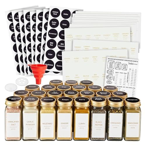 Talented Kitchen 24-Pack Glass Spice Jars - 4 Oz Square Bottles & Gold Metal Caps - Refillable Shaker & Pour Lids, 284 Preprinted Stickers - Seasoning Organizer for White & Gold Kitchen Organization - Image 1