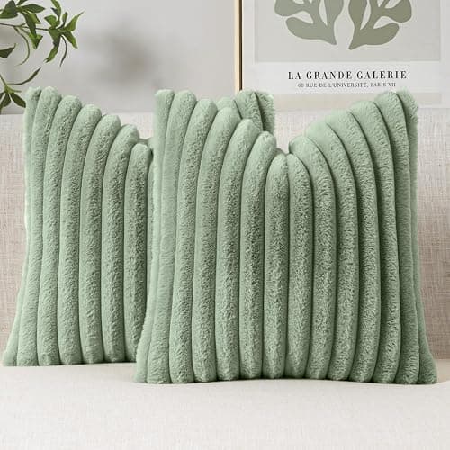 MIULEE Faux Fur Decorative Throw Pillow Covers 18x18 Inch Set of 2, Modern Spring Home Decor Soft Plush Couch Pillows Cozy Fluffy Cushion Covers for Sofa Bed Sage Green - Image 1
