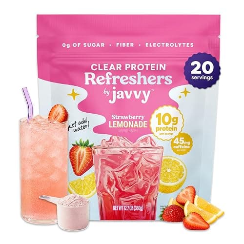 Javvy Clear Protein Powder with Clear Whey Protein, Strawberry Lemonade | 10g Whey Protein & Collagen Peptides, Electrolyte Powder, Natural Flavors, 0g Sugar, 3g Fiber, 45mg Caffeine - Image 1