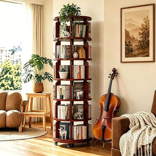 Azlafu 6 Tier 360° Rotating Solid Wood Bookshelf with Wheels, Lazy Susan Circular Spinning Revolving Corner Bookcase, Freestanding Storage Shelf for Bedroom Small Space, Walnut - Image 1