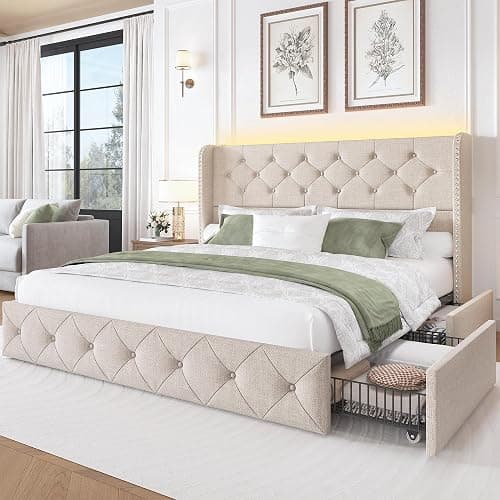 LARMACE Queen Size Bed Frame with Storage Drawers and Tufted Headboard Linen Upholstered Platform Bed Frame with LED Light Wingback Beds with Wooden Slats Support, Easy Assembly, Beige - Queen - Beige - Image 1