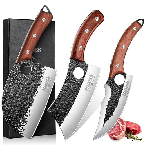 Huusk Butcher Knife Set Hand Forged Serbian Chef Knife Viking Boning Knife Cleaver Knife 3PCS Kitchen Knife Set for Meat Cutting Home & Outdoor Cooking BBQ Knives Gift for Men - Image 1