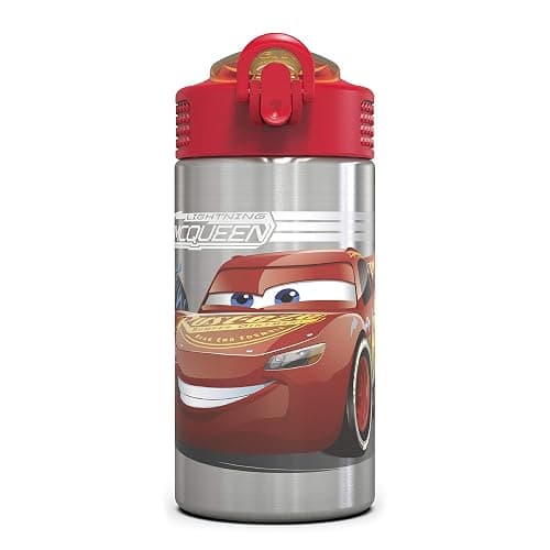 Zak Designs Disney Cars 3 - Stainless Steel Water Bottle with One Hand Operation Action Lid and Built-in Carrying Loop, Kids Water Bottle with Straw Spout is Perfect for Kids (15.5 oz, 18/8) - Image 1