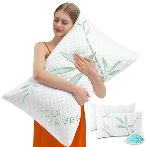 DGPEAR Cooling Pillows, Shredded Memory Foam Pillows Standard Size Set of 2 Adjustable Firm Bamboo Bed Pillows for Hot, Side, Back and Stomach Sleepers - Image 1