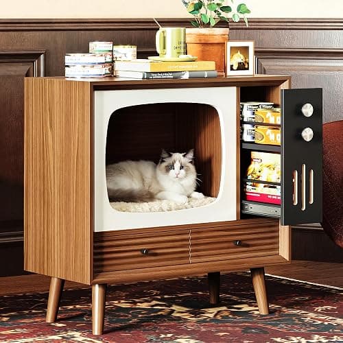 IRONCK Cat House for Indoor, TV Shaped Vintage Wooden Cat Condo with Drawers, Cat Furniture & Side Table for Living Room and Bedroom Decoration, Walnut - Image 1
