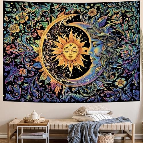 Sun and Moon Tapestry Psychedelic Mystic Floral Tapestry Hippie Boho Flower Plants Wall Tapestries Vintage Aesthetic Tapestries Wall Hanging for Bedroom - Image 1