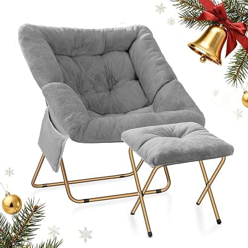 Osumlee Comfy Saucer Chair for Adults, Foldable Living Room Chairs, Soft Faux Fur Lounge Chair for Bedroom, Reading Chairs, X-Large (Ottoman-Grey) - Image 1