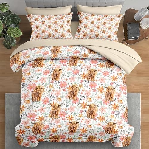 Pamnest Comforter Set Twin Size, Cute Highland Cow 5 Pcs Bedding for Kids and Adults, Cartoon Flower Leaves Bed Sheet Sets with Fitted Sheet Pillowcase & Sham for Bedroom Bed Decor - Image 1