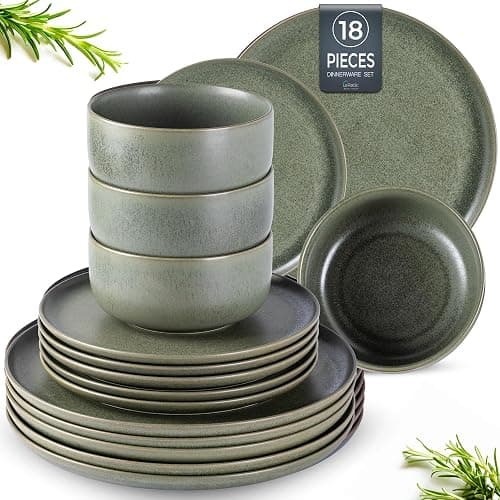 LERATIO Stoneware Dinnerware Sets for 6,Handcarft Ceramic Plates and Bowls Sets,Chip and Scratch Resistant Dishes, Dishwasher & Microwave Safe, Oven safe,Reactive Glaze-Green - Image 1