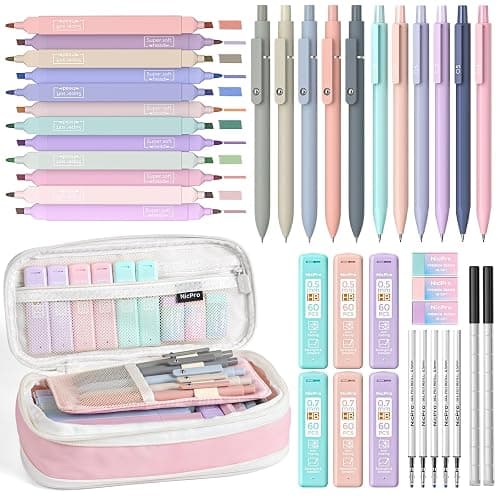 Nicpro 39 PCS Aesthetic School Supplies with Cute Pink Pencil Case, 12 Pastel Highlighters, 5 Quick Dry Black Ink Pens, 6 Mechanical Pencil 0.5 & 0.7 mm for Girls Student Stationary College Essentials - Image 1