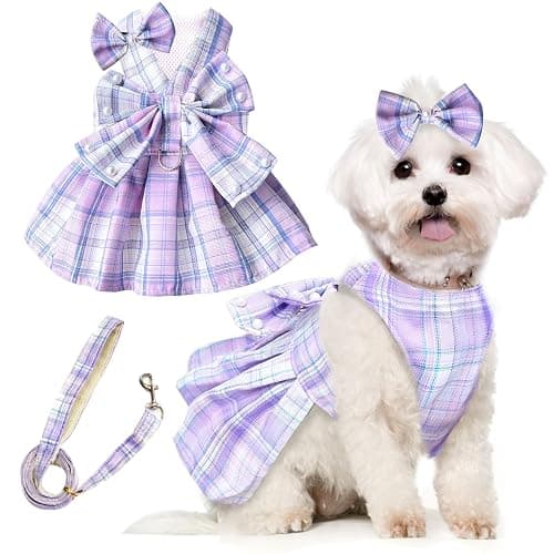 PETCARE Cute Dog Dress Clothes for Small Dogs Cats Girl Female Purple Plaid Bow Tie Dog Harness Dresses Leash Set with Pearls Bow Accessories Birthday Puppy Dress Shih Tzu Yorkies Chihuahua Outfits - Image 1