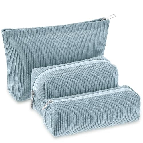 Huhumy 3 Pcs Makeup Bag Set for Women Corduroy Cosmetic Pouch Aesthetic Smile Travel Toiletry Bag Cute Purse Pouch Pencil Case Makeup Brushes Storage Organizer for Christmas(Blue,Solid Style) - Image 1