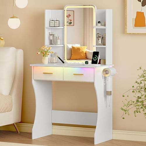 Xixini Vanity Desk with LED Lights Mirror & Power Outlet, Small Makeup Vanity Table Set with Storage Drawers, 3 Lighting Modes & Adjustable Brightness, Dressing Table for Women Girls Bedroom, White - Image 1