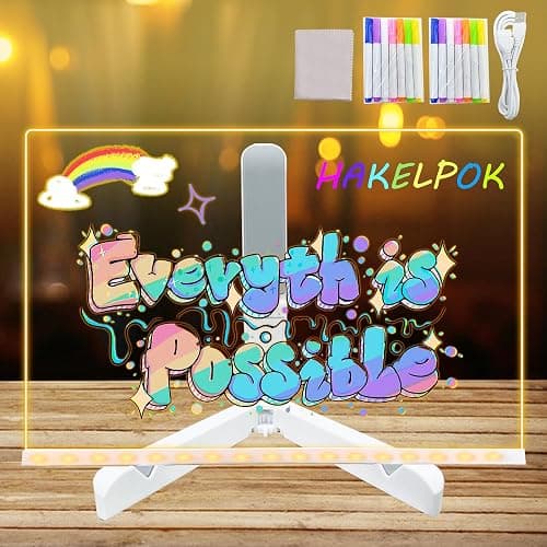 HAKELPOK Led Note Board with Colors, 11.8 X 7.9” Acrylic Dry Erase Board with Light, Light Up Dry Erase Board with Adjustable Stand, Led Board White Board with 14 Pen for Office School Home - Image 1