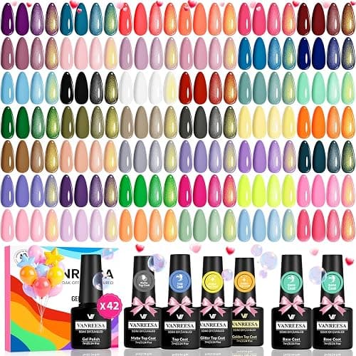 VANREESA 48 Pcs Gel Nail Polish Set 42 Colors Spring Summer Fall Winter Gel Polish with 2 Pcs Base Coat & 4 Effects Top Coat Nail Kit Gifts for Women Girls Nail Art Salon at Home - Image 1