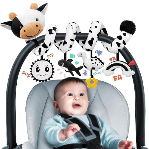 Spiral Car Seat Baby Toys 0-6 Months, Infant Carseat High Contrast Sensory Toys Hanging Stroller Accessories, Newborn Shower Gifts for Baby Boys Essentials Stuff, Cute Black and White Cow - Image 1