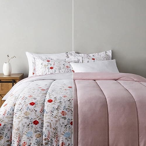 Amazon Basics Ultra-Soft Light-Weight Microfiber Reversible Comforter Bedding Set - Full/Queen, Pink Floral - Image 1