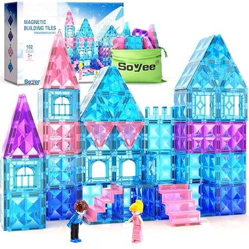 Magnetic Tiles 102pcs with 2 Stairs 2 Dolls Princess Castle Building Girls Toys Age 4-5 6-8 Magnetic Blocks Birthday Xmas Gifts for Girls Toys for 3 4 5 6 7 8+ Year Old - Image 1