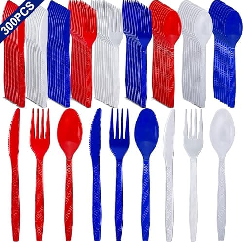 300 Pcs 4th of July Decorations Red White Blue Party Supplies, Patriotic Plastic Silverware 250th Anniversary Disposable Utensil Cutlery Set 100 Spoons 100 Forks 100 Knives Memorial Day Decorations - Image 1