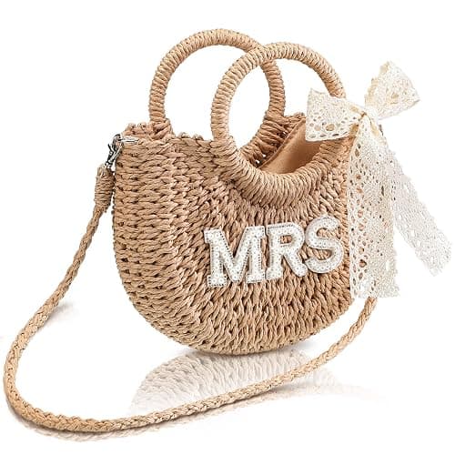 Pinkunn Bride Gift Bride Straw Purse Mrs Handwoven Bag Rhinestone Letter Bag Bachelorette Honeymoon Wedding Bridal Shower - Image 1