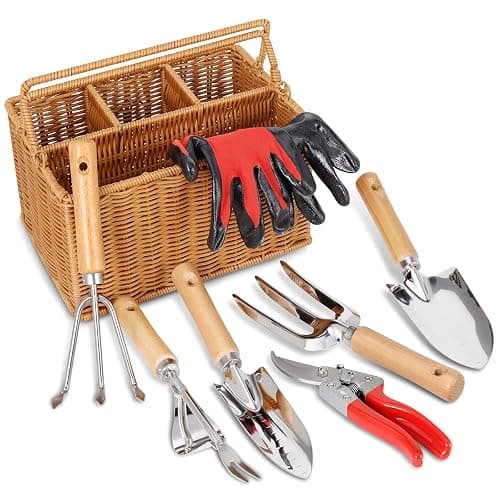 SOLIGT Garden Tools Set with Basket, Heavy Duty Stainless Steel Gardening Hand Tool with Wood Handle, Pruning Shears, Gloves - Perfect Gardening Gifts Planting Supplies for Women Men - Image 1