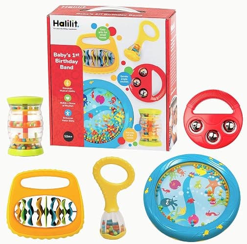 Halilit Baby's First Birthday Band Musical Instrument Gift Set. Includes Ocean Drum, Baby Maraca, Ring My Bell, Rainboshaker & Clip Clap. Music Sensory Baby Toy. Suitable for Boys & Girls 12 Months + - Image 1