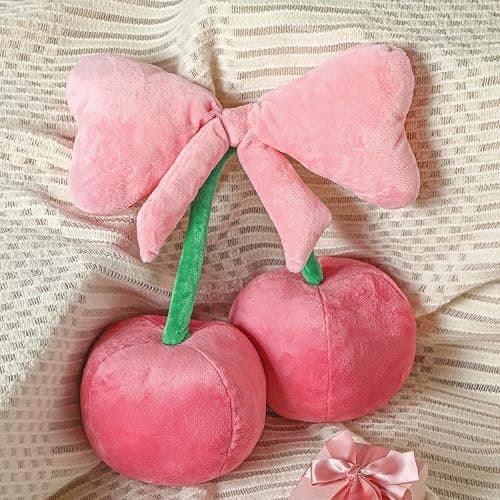 Beeveer Bow Pillow Cherry Throw Pillow Aesthetic Cute Coquette Room Decor Funny Preppy Cherry Cushions for Bedroom Living Room Sofa Bed Chair Decoration (Pink,Small) - Image 1