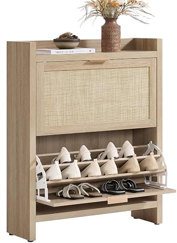 SICOTAS Rattan Shoe Storage Cabinet with 2 Flip Drawer - 11.6" Deep Freestanding Shoe Organizer with 6 Shelves for 20 Pair Shoes, Boho Large Shoe Rack Cabinet for Entryway Hallway Foyer, Light Oak - Image 1