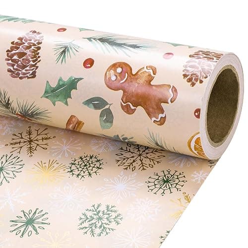 RUSPEPA Reversible Wrapping Paper Roll - Mini Roll - Christmas Gingerbread and Snowflake Pattern Great for Christmas, Party, Holiday - 17.5 Inches X 32.8 Feet - Image 1