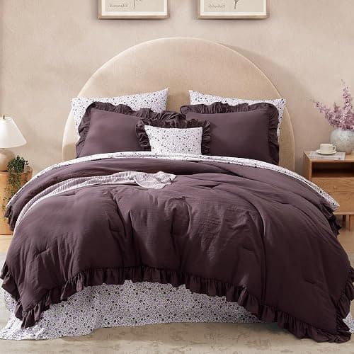 BLOOMHAVEN Full Comforter Set - 7 Pieces Ruffle Purple Bedding Sets, Shabby Chic Farmhouse Bed in a Bag Full with Ruffle Comforter, Floral Sheets, Pillowcases & Shams - Image 1