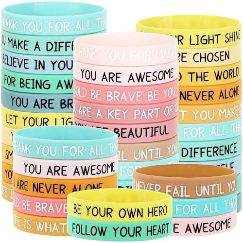 JUNEBRUSHS 64pcs Motivational Silicone Bracelets Bulk Colored Inspirational Rubber Wristbands Unisex for Student Teacher Office Prizes Gifts Back to School Party Favor Supplies (16 Designs) - Image 1