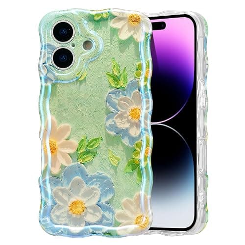 EYZUTAK Case for iPhone 17, Colorful Retro Oil Painting Flower Laser Glossy Pattern Cute Curly Wave Edge Exquisite Phone Cover Stylish Durable TPU Protective Case for Girl Women - Blue White - Image 1