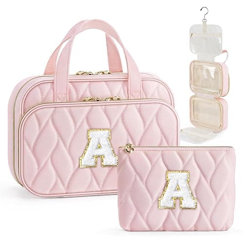 YOOLIFE Hanging Toiletry Bag Makeup Bag for Women Girls, Initial Toiletry Bag Cosmetic Bag, Personalized Birthday Gifts for Women Teen Girls Letter Pink A - Image 1