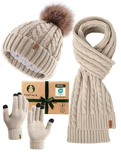 FURTALK Womens Winter Hat Gloves Scarf Set Fleece Knit Pom Beanie Warm Neck Warmer Touchscreen Gloves 3 in 1 Gift Set - Image 1