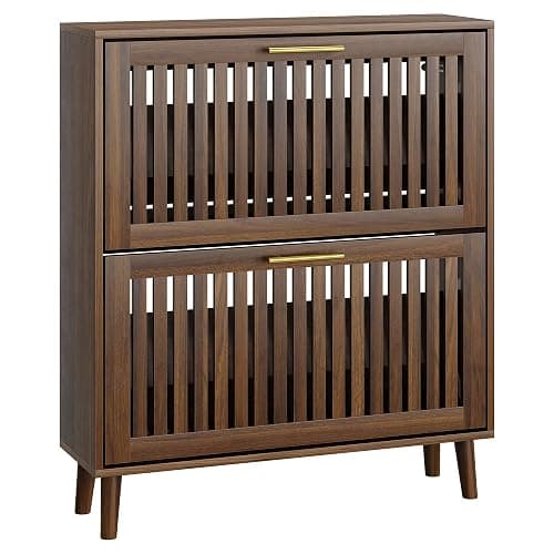 Smart FENDEE Schuhschrank Bauernhausstil, schmaler freistehender Schuh-Organizer mit 2 klappbaren Latten-Schubladen (Slatted), goldene Griffe, versteckter Eingangsbereich für Flur, Walnuss 80B cm - Image 1