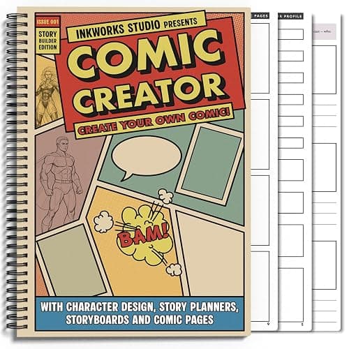 InkWorks Comic Book Drawing Kit with Character Story Planning | Blank comic panels, wirebound design, 150GSM paper, world-building templates, ages 8-13 - Image 1