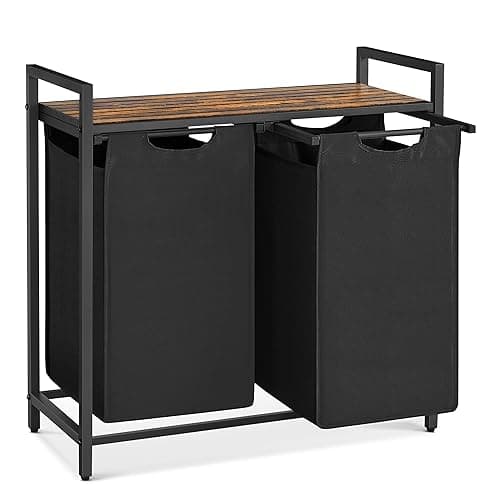 VASAGLE Laundry Hamper, Laundry Basket, Laundry Sorter with 2 Pull-Out and Removable Bags, Shelf, Metal Frame, 2 x 12.1 Gallons (46 L), 28.8 x 13 x 28.4 Inches, Ink Black and Rustic Brown UBLH201B01 - Image 1