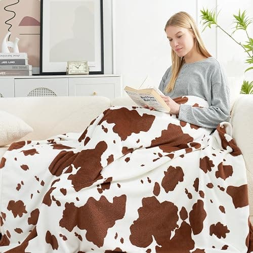 Cozy Bliss Cow Print Throw Blanket Non Shedding MilkyPlush™ Fleece 330GSM Thick Blankets Western Room Decor Super Soft Warm for Adults Kids Girl Gifts Bedroom Couch Sofa Travel Brown 60"x80" - Brown - Twin (60" x 80") - Image 1