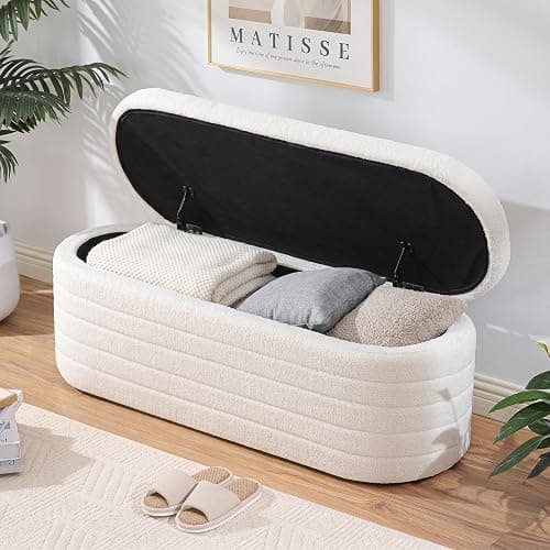 OuchTek Teddy Sherpa Storage Ottoman Bench End of Bed, White | Modern Boucle, Oval Design, Safety Hinge Lid, Hidden Storage, Window Seat, Living Room, Bedroom, Entryway, No Assembly - Image 1