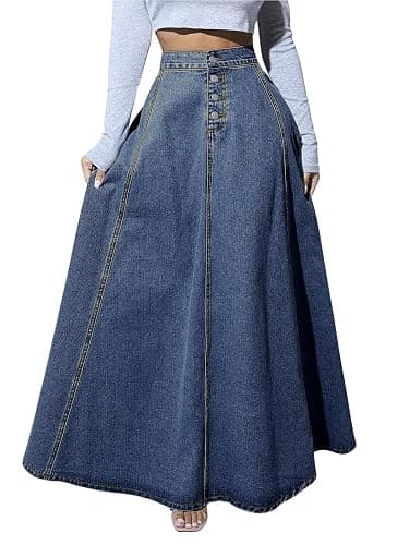 ebossy Women's Retro High Waisted Button Fly Flared Long Jean Skirts Pleated Flowy Swing A-line Denim Maxi Skirts - Image 1