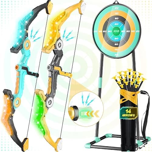2 Packed Kids Bow and Arrow Set with Sound Effects & LED Flash Lights Achery Set, Indoor Outdoor Toys for Ages 4-8 8-12, Birthday Gifts for 3 4 5 6 7 8 9 10 11 12 Year Old Boys Girls Children, Yellow - Image 1