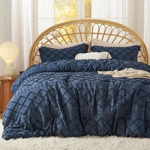 Bedsure Twin Comforter Set - Navy Blue Comforter, Boho Tufted Shabby Chic Bedding for Kids, 2 Pieces Vintage Farmhouse Bed Set for All Seasons, Fluffy Soft Bedding with 1 Pillow Sham - Image 1