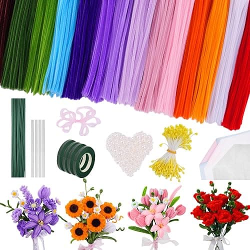 900 PCS Pipe Cleaners Craft, Pipe Cleaner Bulk Flower Kit 14 Colors Chenille Stems Flower Making Kit with Greeting Card, Floral Wires, Tape, Stamen, Floral Wrapping Paper & Ribbon for Art DIY Flowers - Image 1