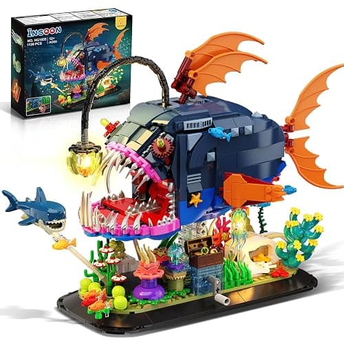 INSOON Mechanical Angler Fish Building Set with Lights, Movable Lantern Fish Building Blocks Toy with Shark Jellyfish, 1139 PCS Ocean Animal Building Kit, Home Decor Gift for Adults Teens Boys 12+ - Image 1