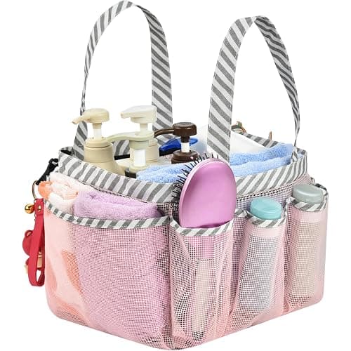 Haundry Mesh Shower Caddy Portable for College Dorm Room Essentials, Shower Caddy Tote with 8 Pockets Large Capacity, Shower Bag for Beach, Swimming, Gym, Pink - Image 1