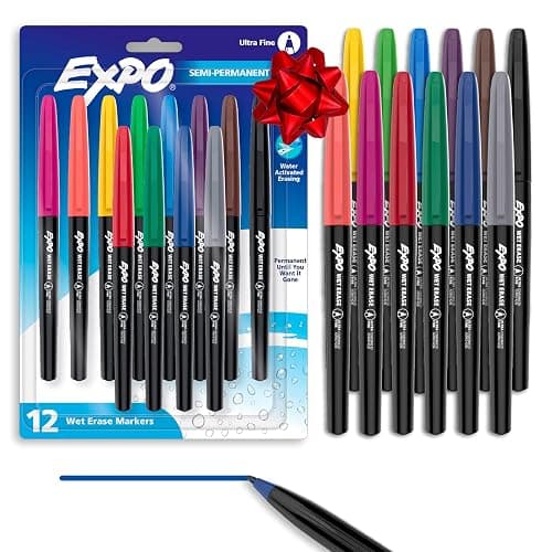EXPO Wet Erase Markers, Semi-Permanent, Assorted Colors, Ultra Fine Tip, 12 Count - For Writing on Glass, Whiteboards, Mirrors, Calendar, Labeling, Organizing - Image 1