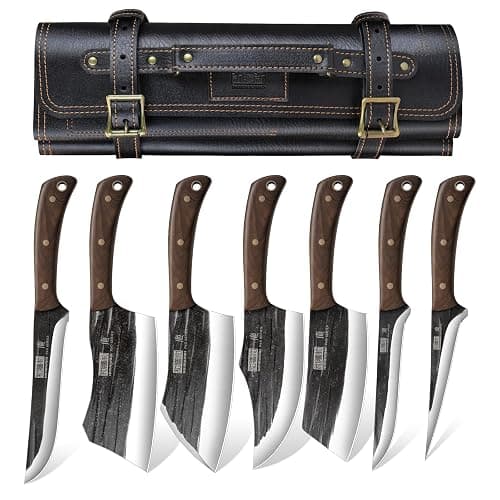 HOSHANHO Butcher Knife Set, Sharp Kitchen Knife Set & Roll Bag Gift for Men | Hand Forged 8PCS Butcher Chef Knife Set with Meat Cleaver Knife & Bone Chopper Knives & Fillet Knives for Home, Camping, BBQ - Image 1